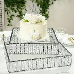 14 Inches Square – Crystal Cake Stand with Hanging Bead Accents & Glass Top (Gold or Silver Metal Options)