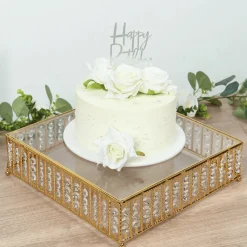 14 Inches Square – Crystal Cake Stand with Hanging Bead Accents & Glass Top (Gold or Silver Metal Options)