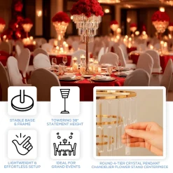 38 Inches 4-Tier Crystal Pendant Table Centerpiece Chandelier Gold Metal Floral Stand with Round Base & Hanging Strips