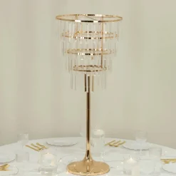 38 Inches 4-Tier Crystal Pendant Table Centerpiece Chandelier Gold Metal Floral Stand with Round Base & Hanging Strips