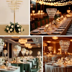38 Inches 4-Tier Crystal Pendant Table Centerpiece Chandelier Gold Metal Floral Stand with Round Base & Hanging Strips