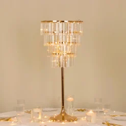 38 Inches 4-Tier Crystal Pendant Table Centerpiece Chandelier Gold Metal Floral Stand with Round Base & Hanging Strips