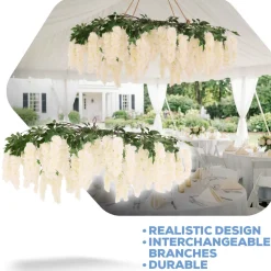 Ivory Wisteria Hanging Floral Chandelier w/ Green Leaves | ModTree™ Collection