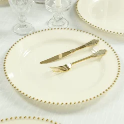 13" Ivory with Gold Beaded Rim Round Charger Plates – 10 Pieces Reusable Economy Plastic Chargers