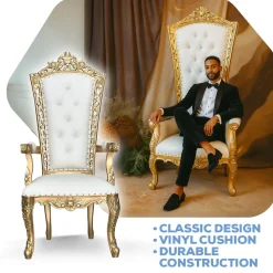 King Throne Chair - Ivory Vinyl/Gold Frame