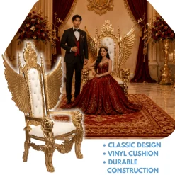 King Wingback Throne Chair - White Vinyl/Gold