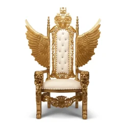 King Wingback Throne Chair - White Vinyl/Gold