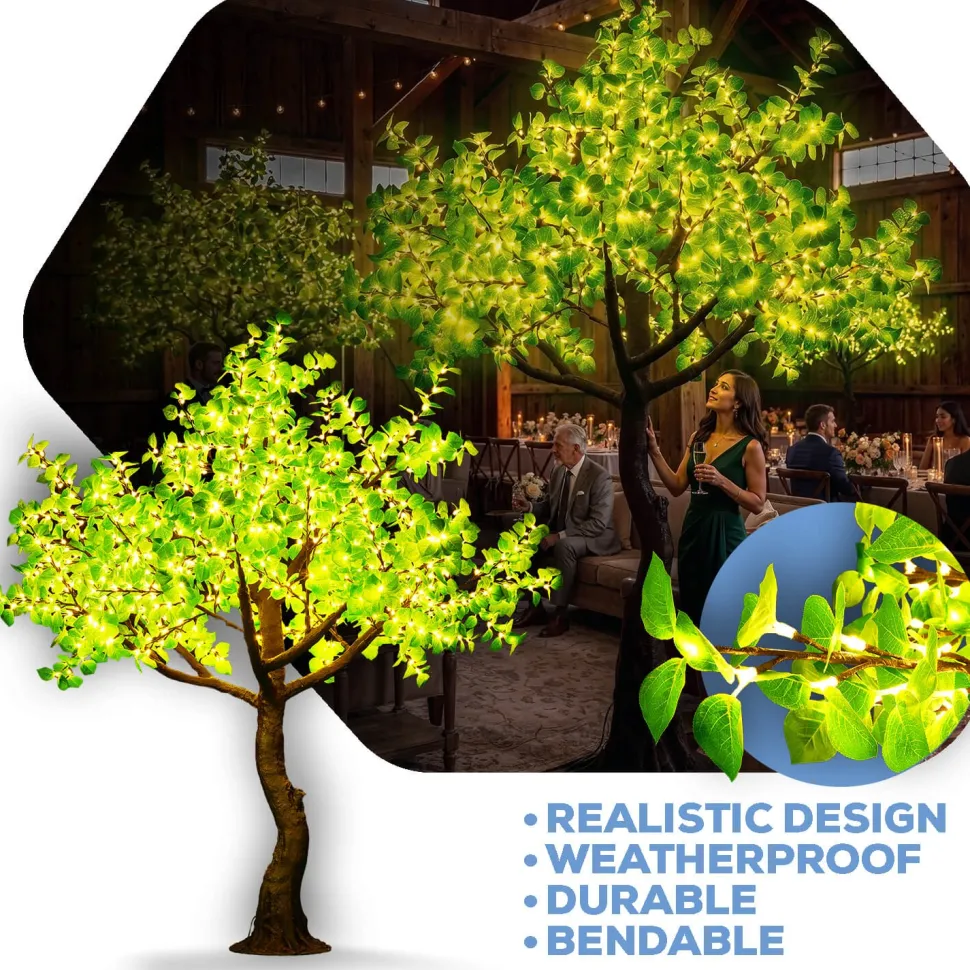 Lighted Green Fig Leaf LED Tree - AC Adapter - 1200 LEDs - Warm White - 9FT Tall