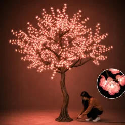 Lighted Light Pink Cherry Blossom Flower LED Tree - AC Adapter - 1200 LEDs - Warm White - 9FT Tall