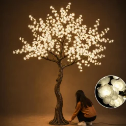 Lighted White Cherry Blossom Flower LED Tree - AC Adapter - 1200 LEDs - Warm White - 9FT Tall