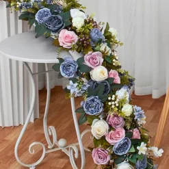 LUXE Blue & Pink Rose with Greenery Mixed Table Runner - 78 Inches