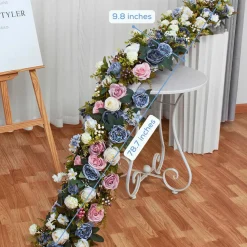LUXE Blue & Pink Rose with Greenery Mixed Table Runner - 78 Inches