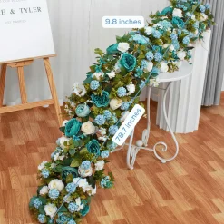 LUXE Blue Rose with Greenery Mixed Table Runner - 78 Inches