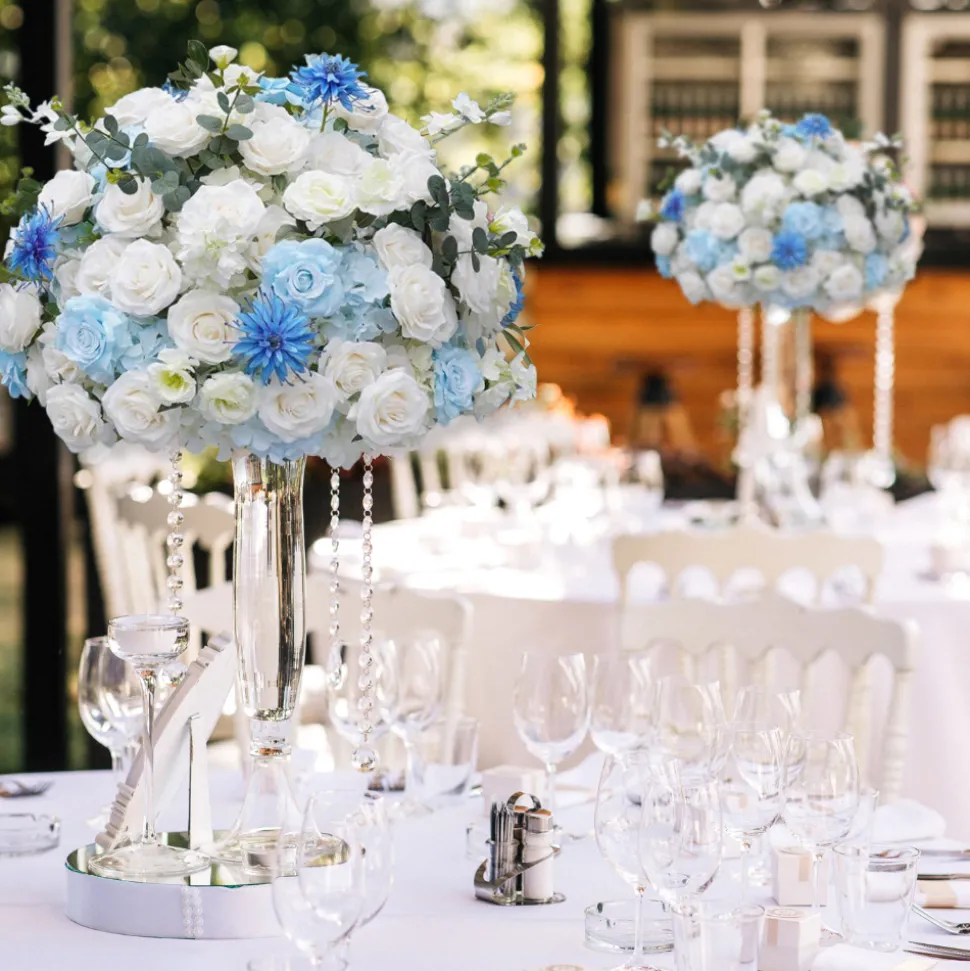 LUXE Blue White Rose & Baby's Breath Mixed Table Centerpiece - 28 Inches