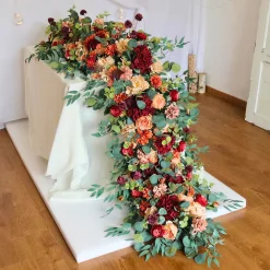 LUXE Burgundy Rose & Eucalyptus Leaves Mixed Table Runner - 79 Inches