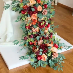 LUXE Burgundy Rose & Eucalyptus Leaves Mixed Table Runner - 79 Inches