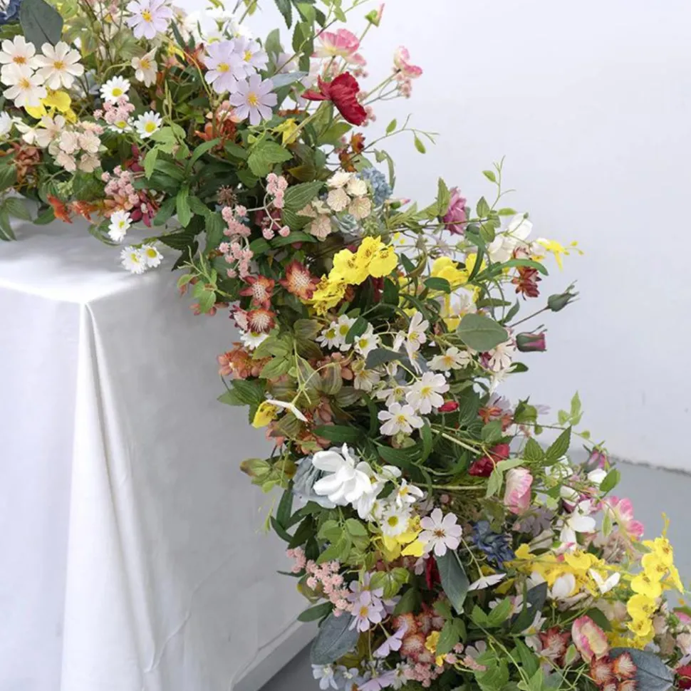 LUXE Colorful Daisy, Poppy & Green Leaves Mixed Table Runner - 99 Inches