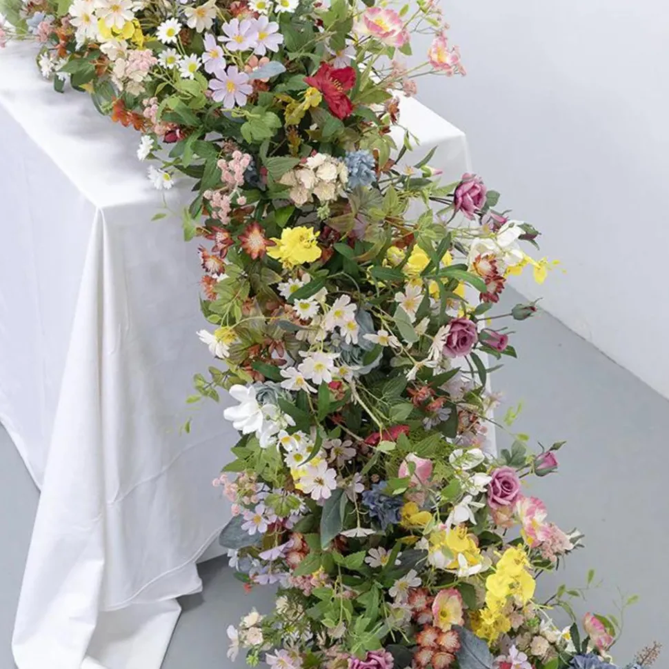 LUXE Colorful Daisy, Poppy & Green Leaves Mixed Table Runner - 99 Inches