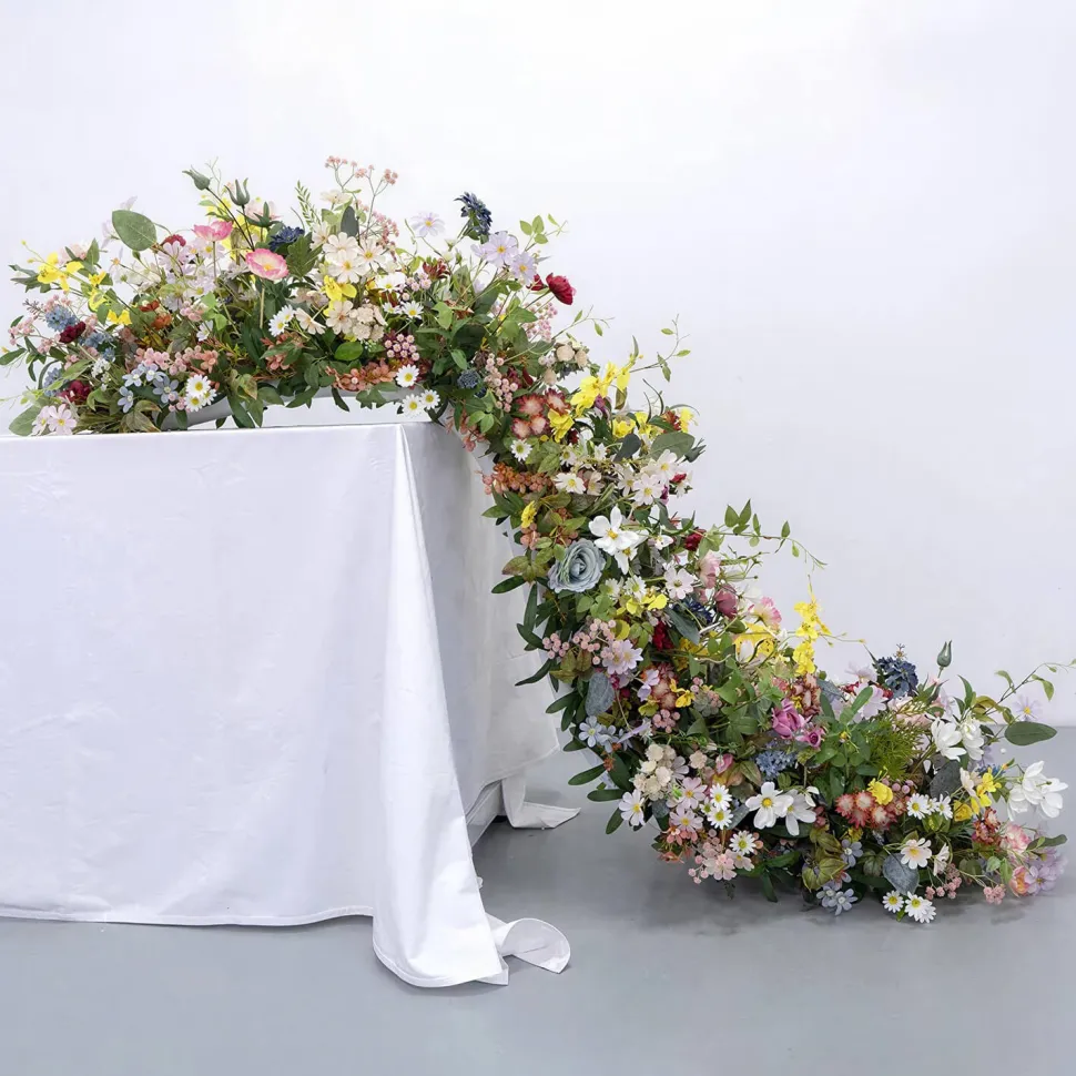 LUXE Colorful Daisy, Poppy & Green Leaves Mixed Table Runner - 99 Inches