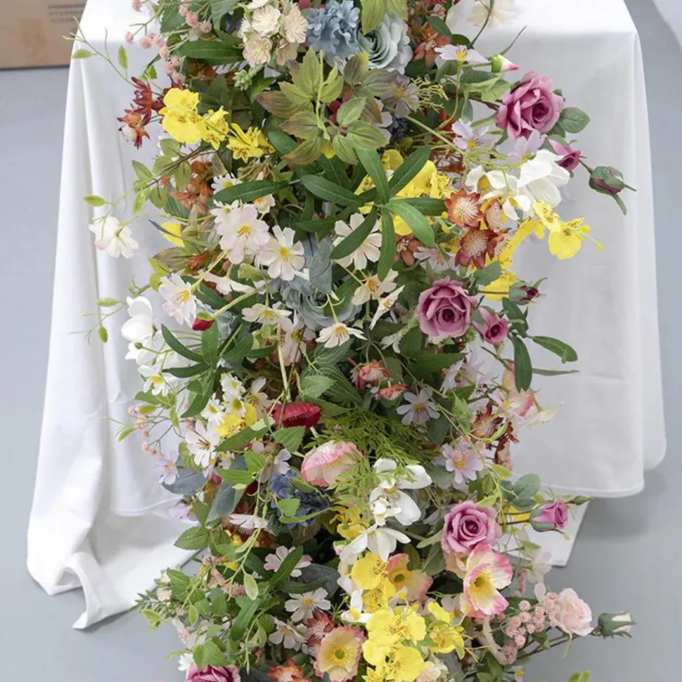 LUXE Colorful Daisy, Poppy & Green Leaves Mixed Table Runner - 99 Inches