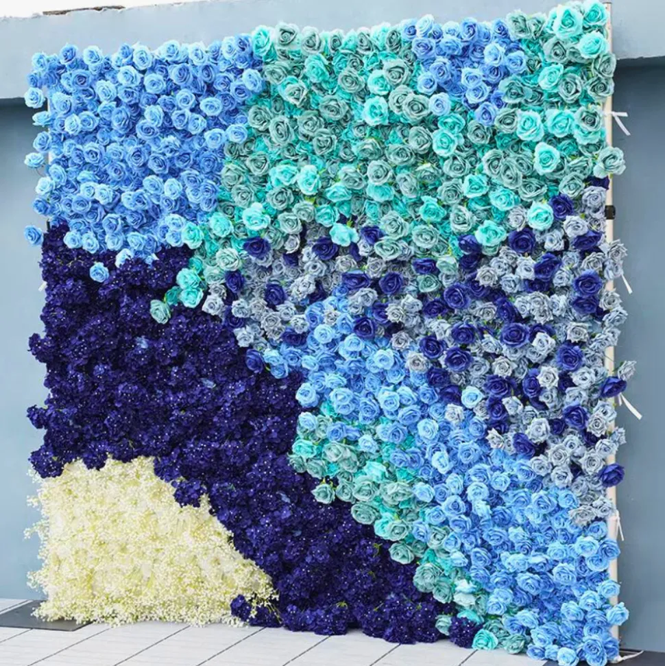 Luxe 5D Gradient Blue Rose & Hydrangea Floral Wall - Roll Up Curtain Style - Easy Install! Select Size