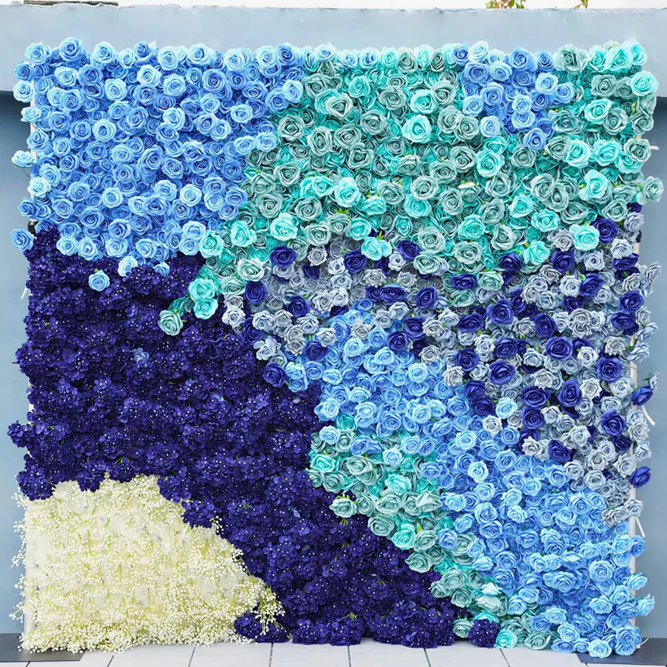 Luxe 5D Gradient Blue Rose & Hydrangea Floral Wall - Roll Up Curtain Style - Easy Install! Select Size