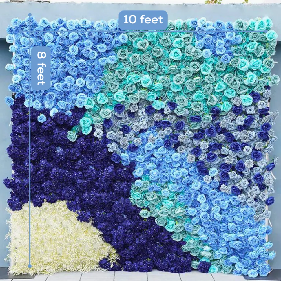 Luxe 5D Gradient Blue Rose & Hydrangea Floral Wall - Roll Up Curtain Style - Easy Install! Select Size