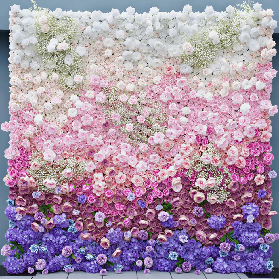 Luxe 5D Gradient Colorful Rose, Hydrangea & Babysbreath Floral Wall - Roll Up Curtain Style - Easy Install! Select Size