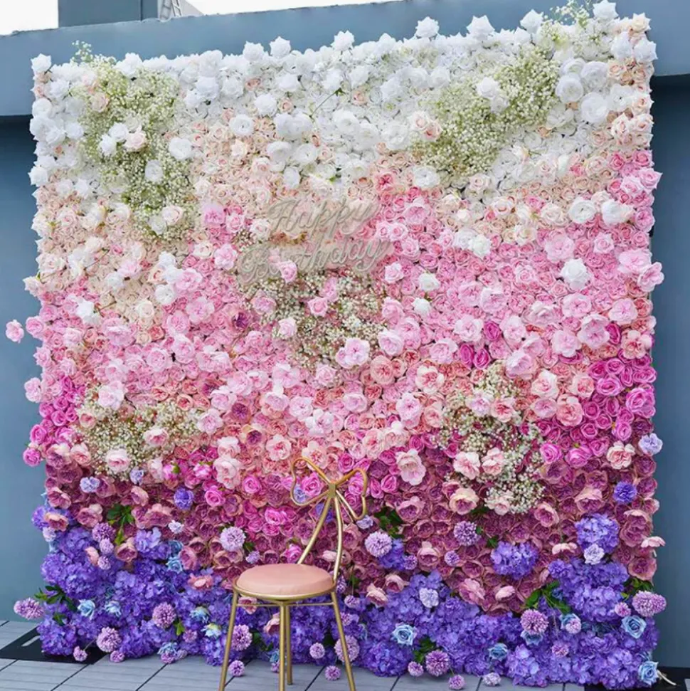 Luxe 5D Gradient Colorful Rose, Hydrangea & Babysbreath Floral Wall - Roll Up Curtain Style - Easy Install! Select Size