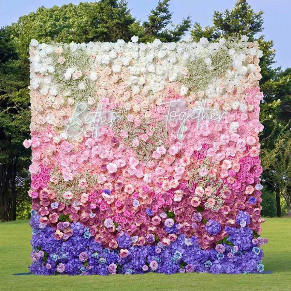 Luxe 5D Gradient Colorful Rose, Hydrangea & Babysbreath Floral Wall - Roll Up Curtain Style - Easy Install! Select Size