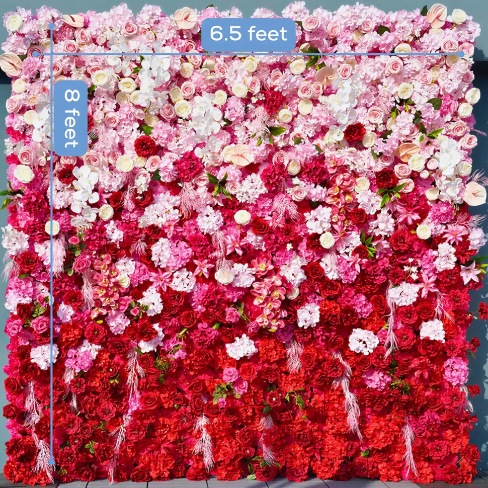 Luxe 5D Gradient Red & Pink Rose & Palm Orchid Floral Wall - Roll Up Curtain Style - Easy Install! Select Size