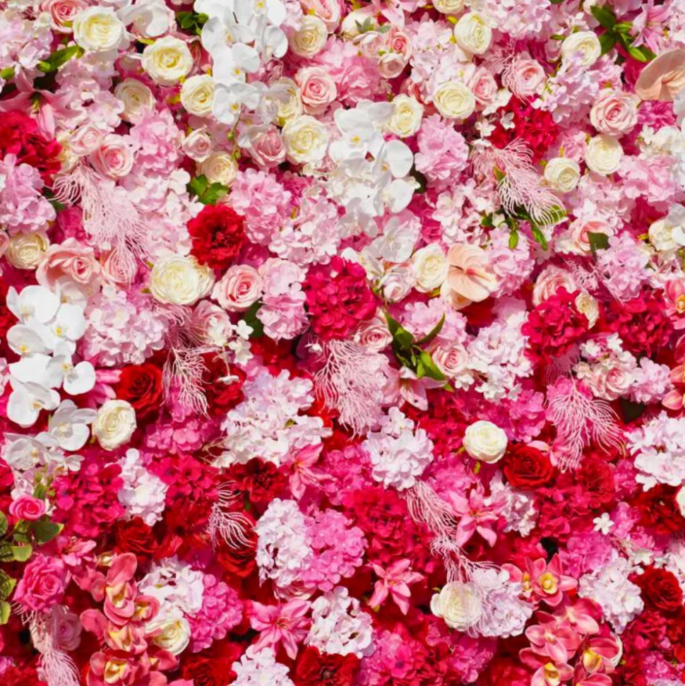Luxe 5D Gradient Red & Pink Rose & Palm Orchid Floral Wall - Roll Up Curtain Style - Easy Install! Select Size