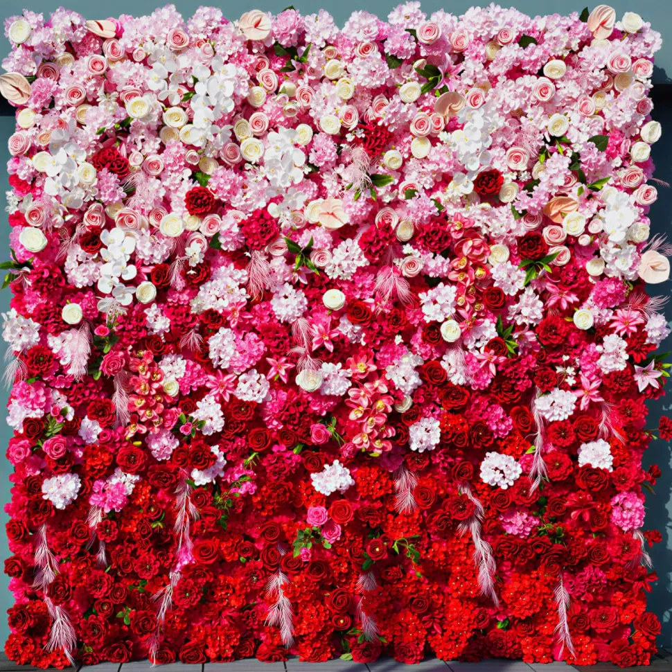 Luxe 5D Gradient Red & Pink Rose & Palm Orchid Floral Wall - Roll Up Curtain Style - Easy Install! Select Size