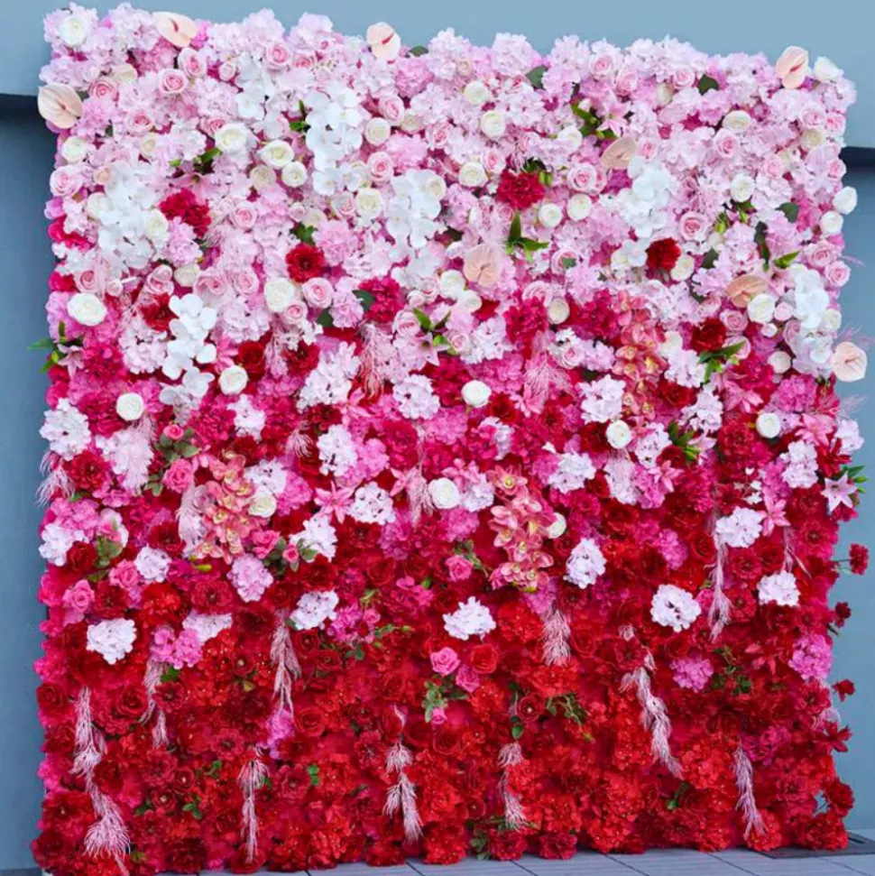 Luxe 5D Gradient Red & Pink Rose & Palm Orchid Floral Wall - Roll Up Curtain Style - Easy Install! Select Size