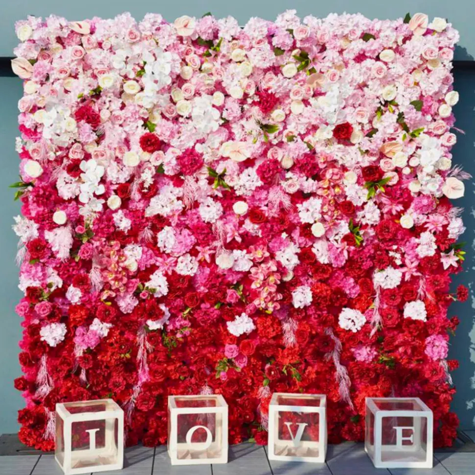 Luxe 5D Gradient Red & Pink Rose & Palm Orchid Floral Wall - Roll Up Curtain Style - Easy Install! Select Size