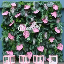 Luxe 3D Green Lawn Milan Turf With Pink Turtle Leaf Plant Wall - Roll Up Curtain Style - Easy Install! Select Size