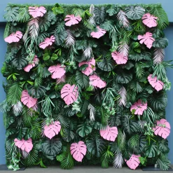 Luxe 3D Green Lawn Milan Turf With Pink Turtle Leaf Plant Wall - Roll Up Curtain Style - Easy Install! Select Size