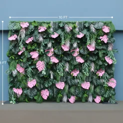 Luxe 3D Green Lawn Milan Turf With Pink Turtle Leaf Plant Wall - Roll Up Curtain Style - Easy Install! Select Size