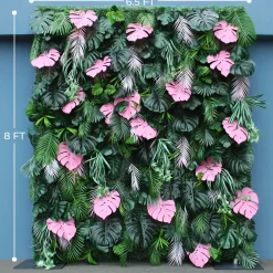 Luxe 3D Green Lawn Milan Turf With Pink Turtle Leaf Plant Wall - Roll Up Curtain Style - Easy Install! Select Size