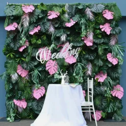 Luxe 3D Green Lawn Milan Turf With Pink Turtle Leaf Plant Wall - Roll Up Curtain Style - Easy Install! Select Size