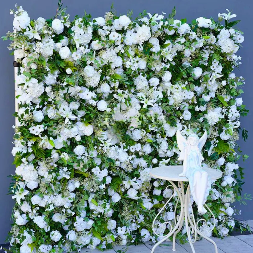 Luxe 5D Mori White Rose & Greenery Leaf Floral Wall - Roll Up Curtain Style - Easy Install! Select Size