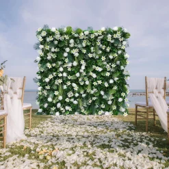 Luxe 5D White Lily & Chrysanthemum & Green Palm Leaf Floral Wall - Roll Up Curtain Style - Easy Install! Select Size