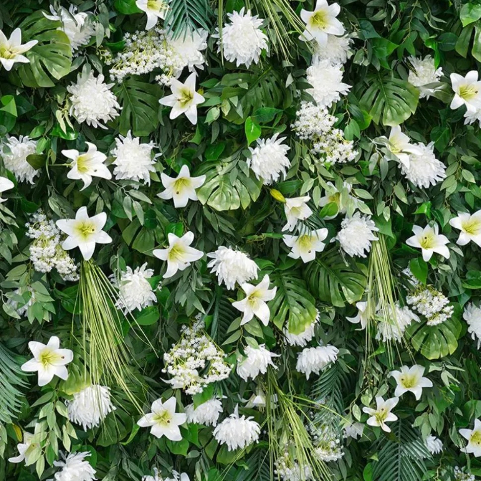 Luxe 5D White Lily & Chrysanthemum & Green Palm Leaf Floral Wall - Roll Up Curtain Style - Easy Install! Select Size