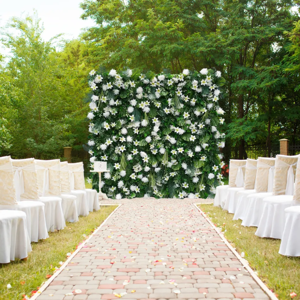 Luxe 5D White Lily & Chrysanthemum & Green Palm Leaf Floral Wall - Roll Up Curtain Style - Easy Install! Select Size