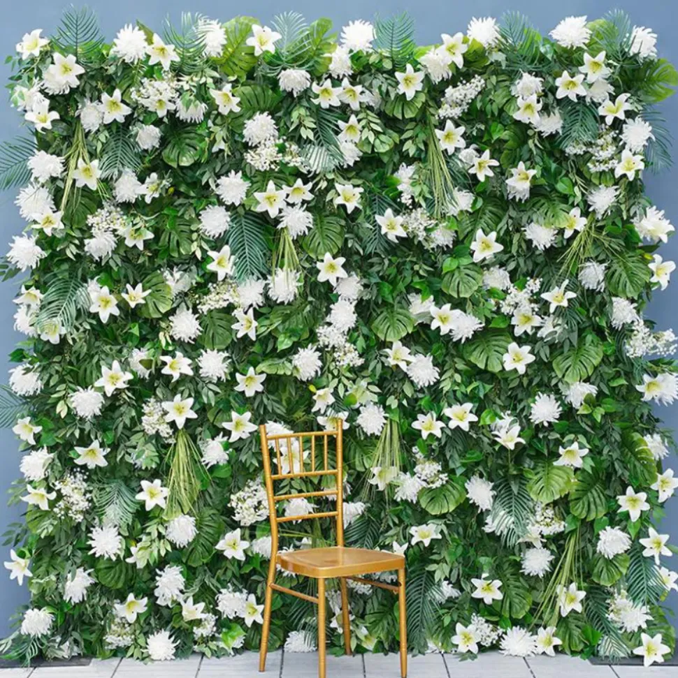 Luxe 5D White Lily & Chrysanthemum & Green Palm Leaf Floral Wall - Roll Up Curtain Style - Easy Install! Select Size