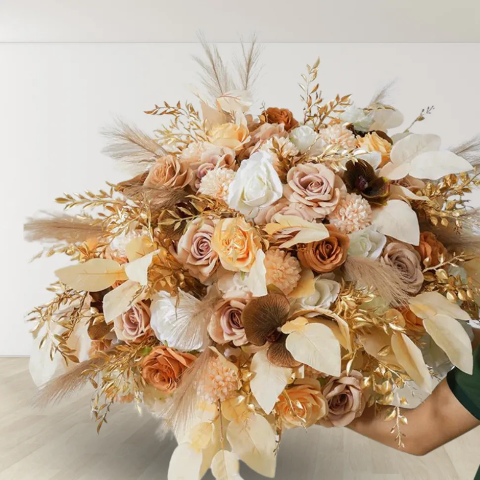 LUXE Golden & Blush Floral Mixed with Pampas Grass Table Centerpiece - Choose Your Size!