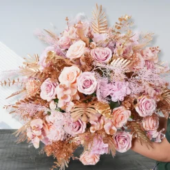 LUXE Golden Leaves & Pink Rose Table Centerpiece - 24 Inches