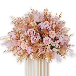 LUXE Golden Leaves & Pink Rose Table Centerpiece - 24 Inches