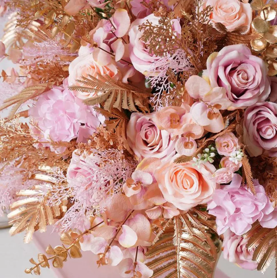 LUXE Golden Leaves & Pink Rose Table Centerpiece - 24 Inches