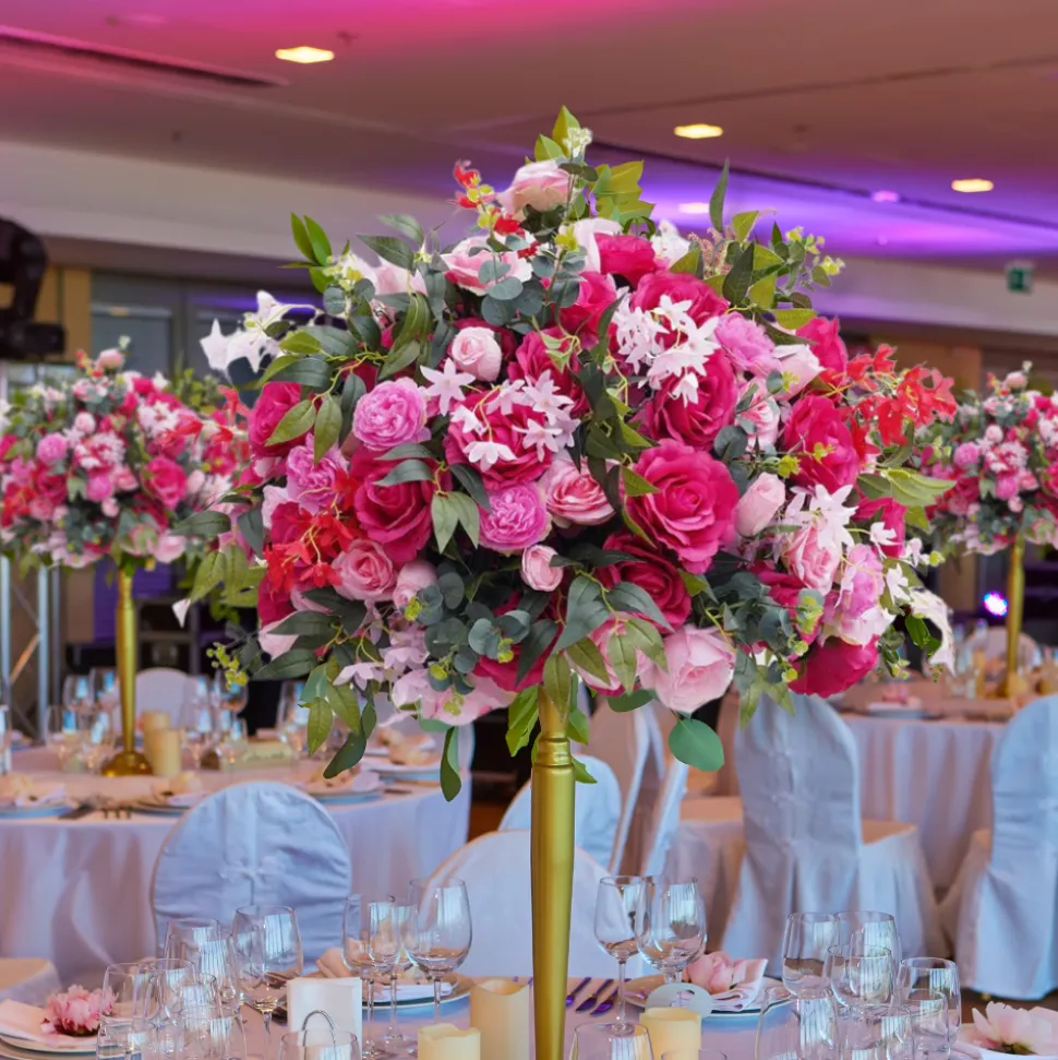 LUXE Hot Pink Rose & Green Eucalyptus Leaves Mixed Floral Table Centerpiece - 24 Inches